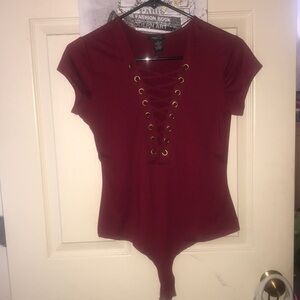 Rue 21 Size Medium Color Garnat Bodysuit Deep Crisscrossed V
